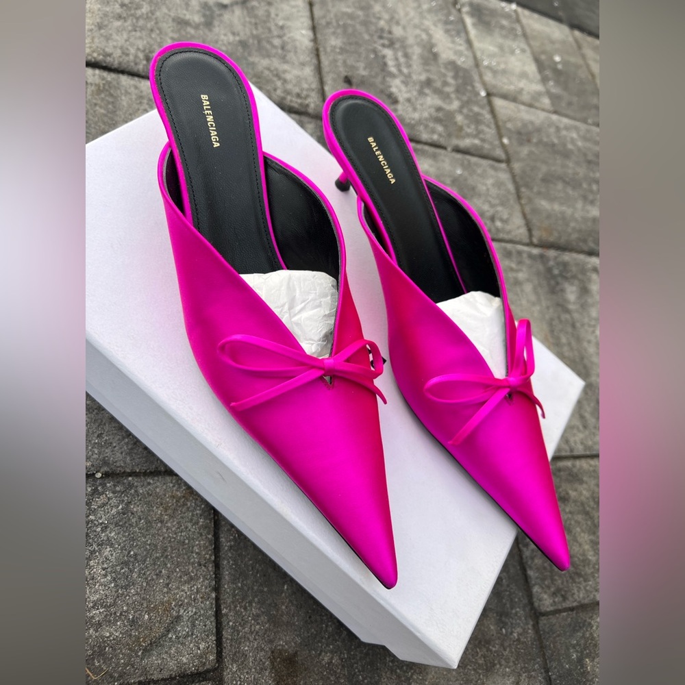 BALENCIAGA Knife Bow Satin Fuchsia Mules - Size 38.5 - NEW - Picture 12 of 17